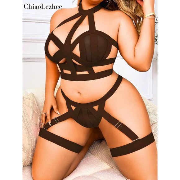 Coffee Plus Size Lingerie Set: Strappy Halter Bra & Thong for Comfort - Picture 3 of 6